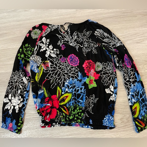 DESIGUAL Black & Floral Print Designer Blouse Longsleeve Flowy Top. Size M - Picture 4 of 12